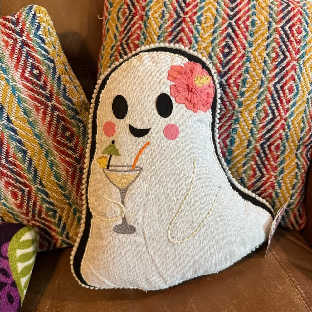 •Embroidered White Ghost Pillow with Vacation/Hawaiian Vibe Accents
